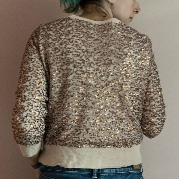 AMERICAN EAGLE OUTFITTERS Rose Gold Sequin Cardigan 3/4 Sleeve Medium Sweater - Picture 8 of 12
